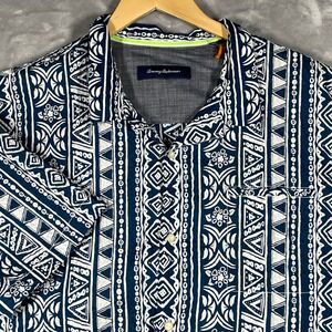 Tommy Bahama Men XXL Blue Geometric Short Sleeve Button Up Camp Shirt Seersucker